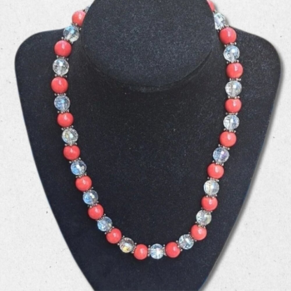 Glass Faceted Beaded Necklace Silver Tone Accent Toggle Clasp Red/Clear Women's